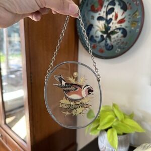 VTG Glass Finch Bird Scene Window Sun Catcher 7" Cotttagecore 70's Retro Decor
